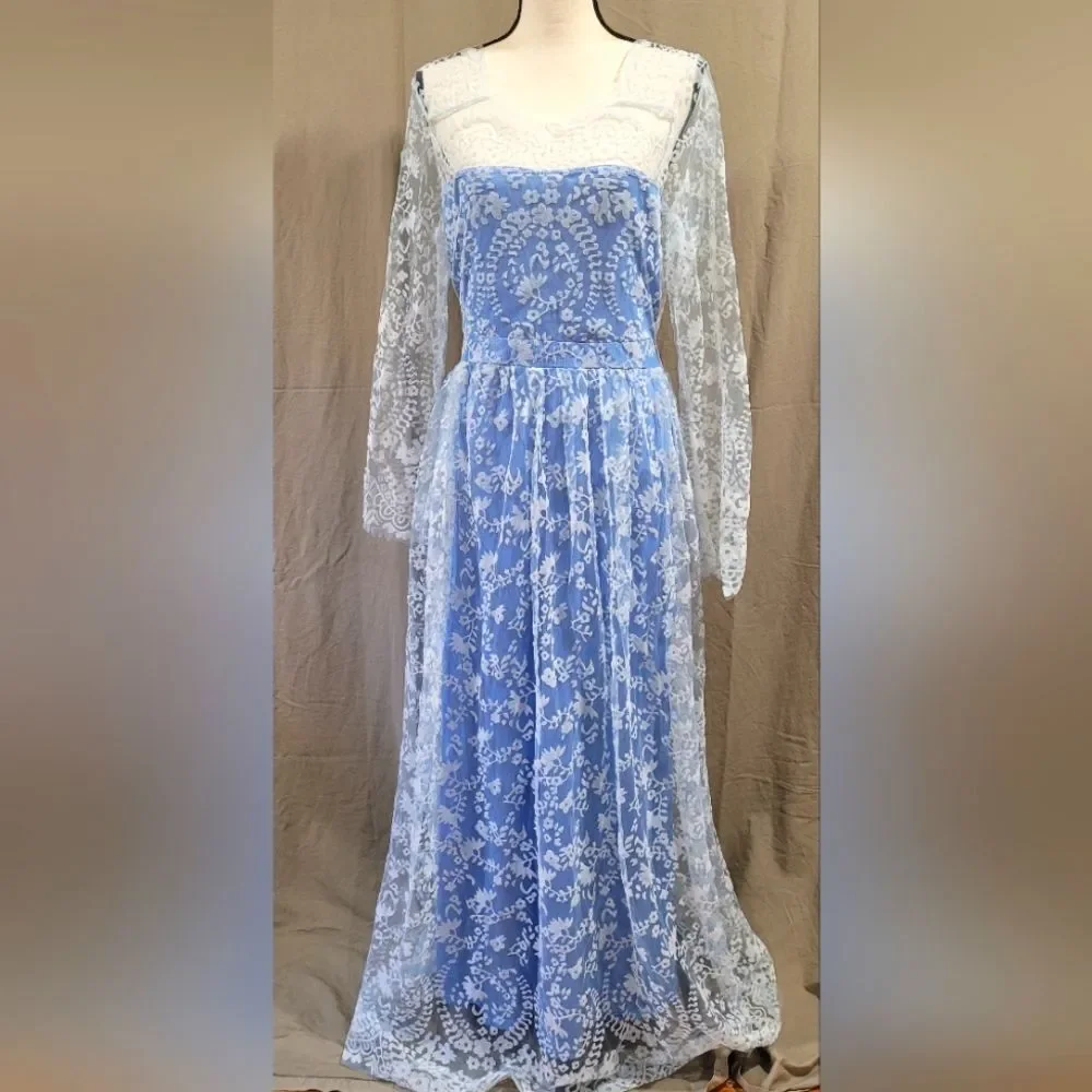 Princess gown girls XXL blue sheer floral lace Halloween costume